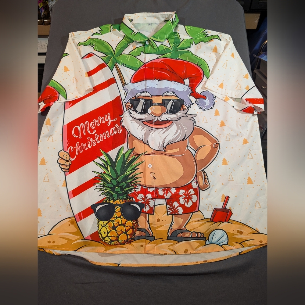 Christmas Surf Santa Hawaiian Button-Up Shirt - White & Red